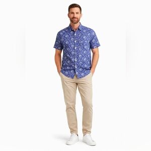 Tommy Hilfiger Floral Pattern Blue & White Short Sleeve Cotton Shirt Size Large